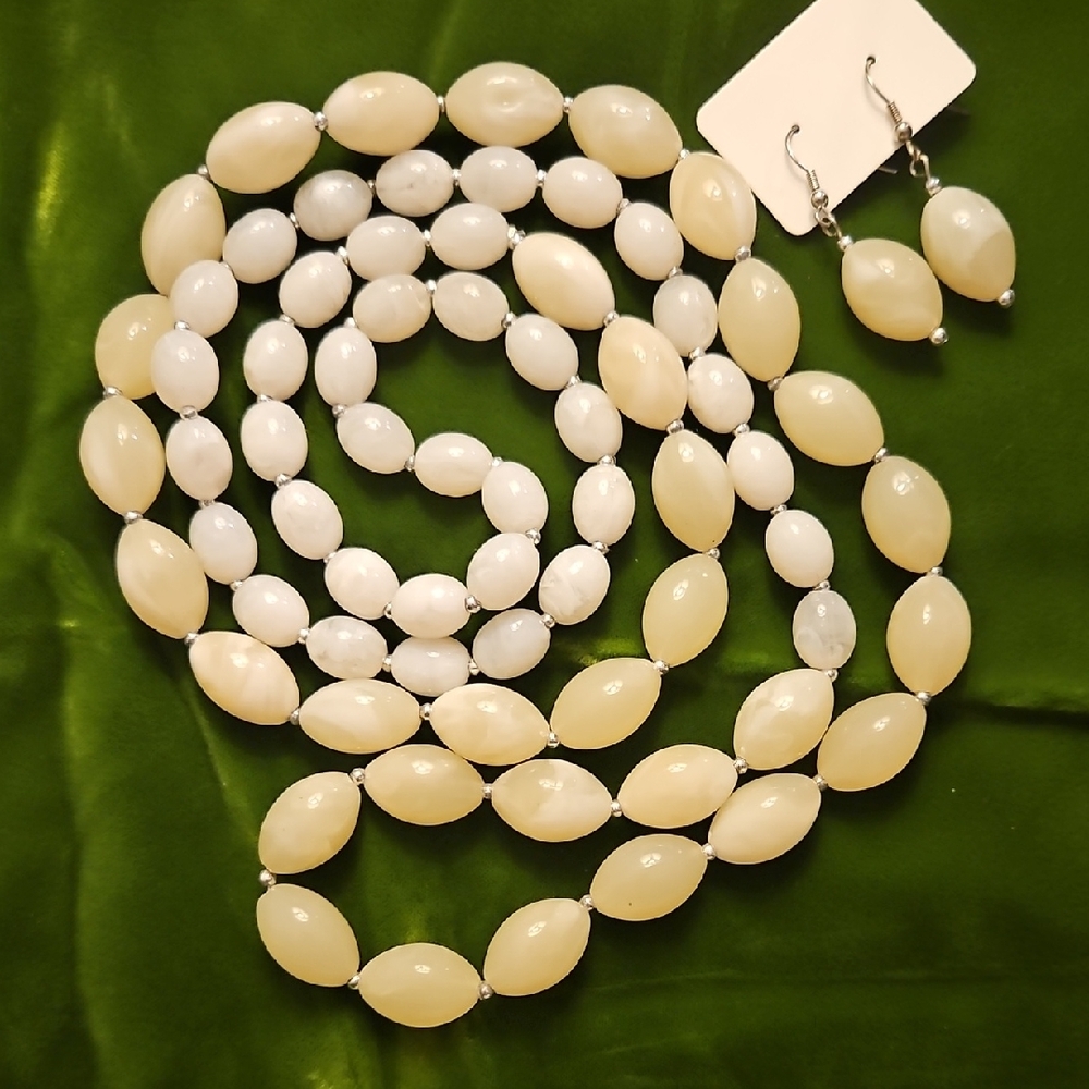 Cream and Milky White Long Beaded 46" Necklace and Earring Set - Women Jewelry